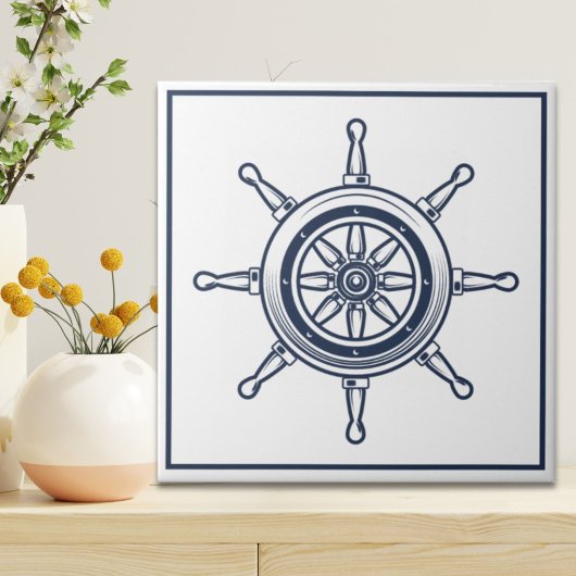 Nautical Coastal Blue Beach House Boat Ship Wheel Tegeltje