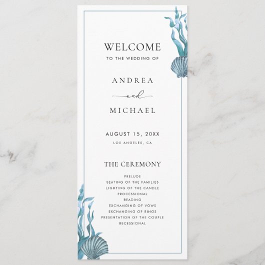 Nautical Coastal Blue Zee Shell Beach Wedding Programmakaart (Voorkant)