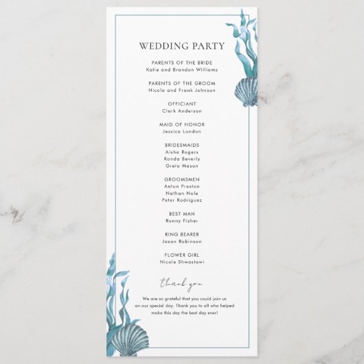 Nautical Coastal Blue Zee Shell Beach Wedding Programmakaart (Achterkant)