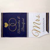 Nautical Coastal Couple Mrs. Wedding navy blue gol Strandlaken (Voorkant)