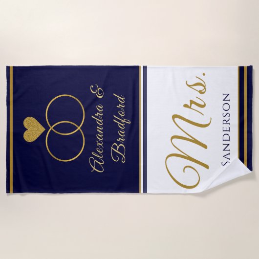 Nautical Coastal Couple Mrs. Wedding navy blue gol Strandlaken (Voorkant)