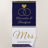 Nautical Coastal Couple Mrs. Wedding navy blue gol Strandlaken (Voorkant)