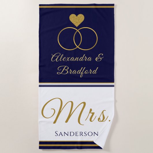 Nautical Coastal Couple Mrs. Wedding navy blue gol Strandlaken (Voorkant)
