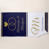 Nautical Coastal Couple Wedvy blauw goud Strandlaken (Voorkant)