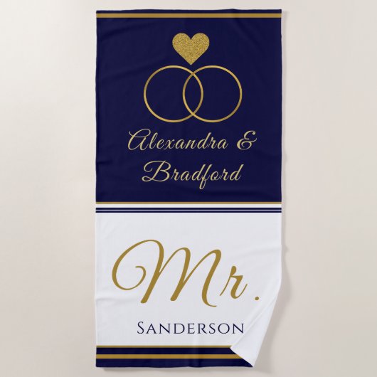Nautical Coastal Couple Wedvy blauw goud Strandlaken (Voorkant)