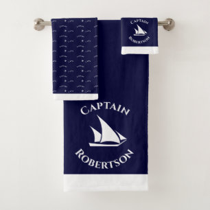 Nautical Coastal Navy Blue Captain Sailboat Bad Handdoek