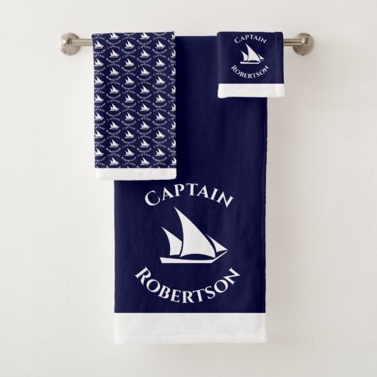 Nautical Coastal Navy Blue Captain Sailboat Bad Handdoek (Insitu)