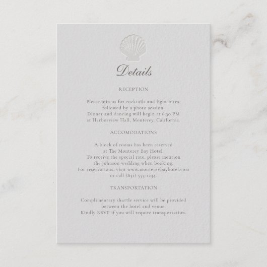 Nautical Coastal Shell formele bruiloft details Informatiekaartje (Voorkant)
