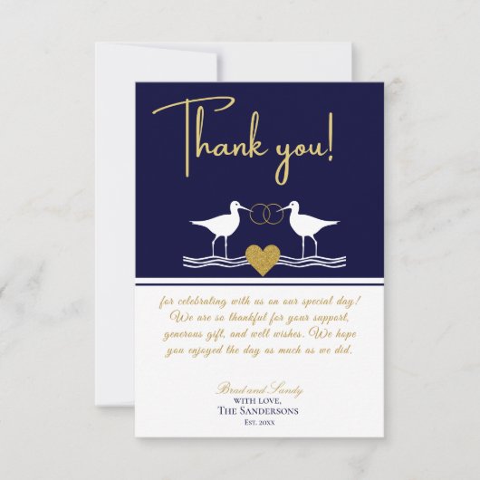 Nautical Coastal Wedding Navy Blue Sandpipers Than Bedankkaart (Voorkant)