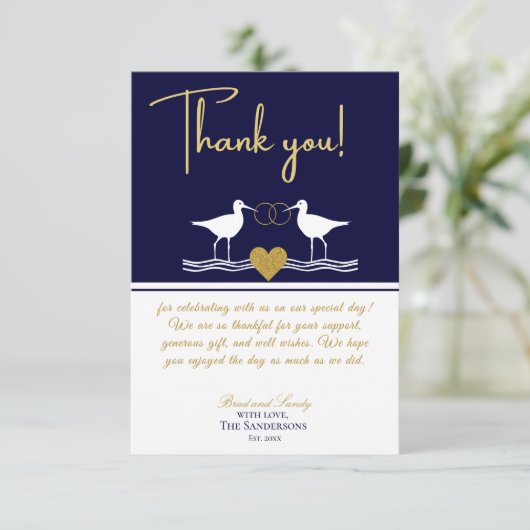 Nautical Coastal Wedding Navy Blue Sandpipers Than Bedankkaart (Staand voorkant)