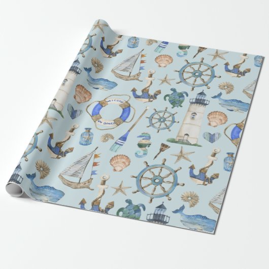 Nautical Coastal Zee Beach Theme Wrapping Paper Cadeaupapier (Uitgerold)