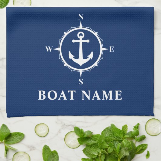 Nautical Compass Anchor Uw Bootnaam Navy Blue Theedoek (Gevouwen)