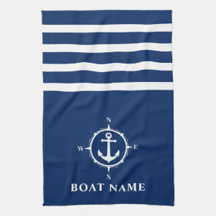 Nautical Compass Anchor Uw Bootnaam Navy Blue Theedoek