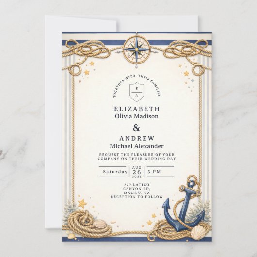 Nautical Compass Anchor Wedding Kaart (Voorkant)