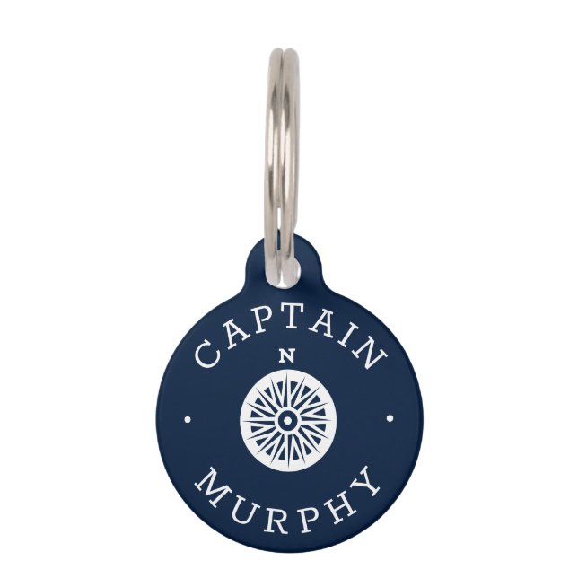 Nautical Compass Custom Captain name Navy Blue Huisdierpenning (Voorkant)