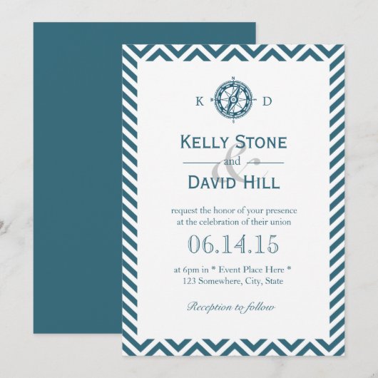Nautical Compass Navy Blue Chevron Stripes Wedding Kaart (Voorkant / Achterkant)