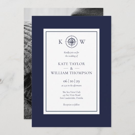 Nautical Compass Navy Blue Monogram Weddenfoto Kaart (Voorkant / Achterkant)