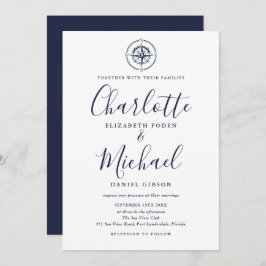 Nautical Compass Navy Blue Script Weddenschap Kaart