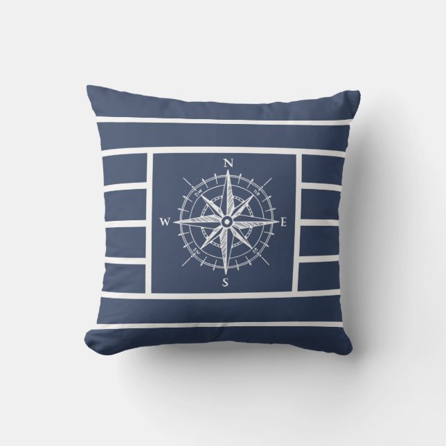 Nautical Compass Navy Blue Stripes Buitenkussen (Voorkant)