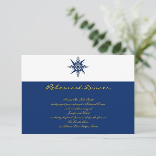 Nautical Compass Navy Yellow Wedding Rehearsal Kaart (Staand voorkant)
