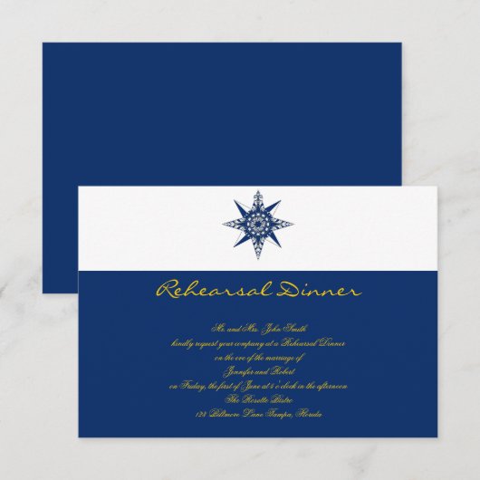 Nautical Compass Navy Yellow Wedding Rehearsal Kaart (Voorkant / Achterkant)