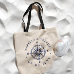 Nautical Compass Roos aangepaste namen Tote Bag<br><div class="desc">Een minimale en stijlvolle stijl kompas roos canvas tas voor uw bruiloft. Het beschikt over een unieke marine en witte nautische stijl.</div>