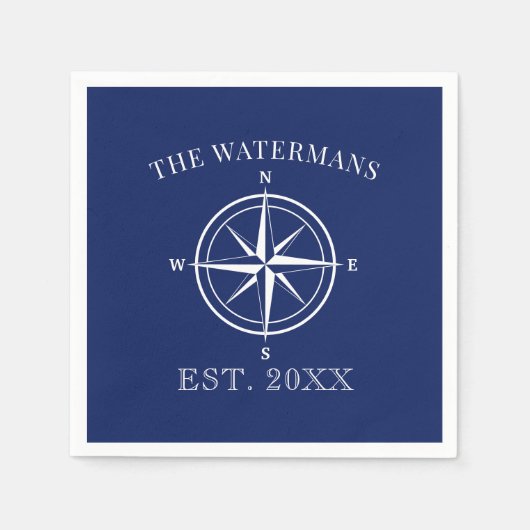 Nautical Compass Roos Familienaam Navy Blue Servet (Voorkant)