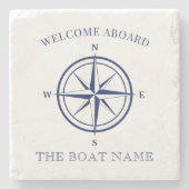 Nautical Compass Roos Navy Blue Boat Name Stenen Onderzetter (Voorkant)