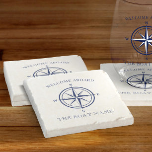 Nautical Compass Roos Navy Blue Boat Name Stenen Onderzetter