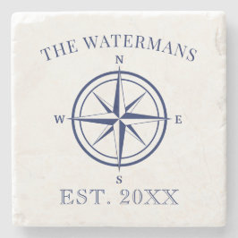 Nautical Compass Roos Navy Blue Family Name Stenen Onderzetter