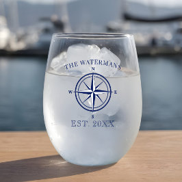 Nautical Compass Roos Navy Blue Family Name Wijnglas Zonder Voet