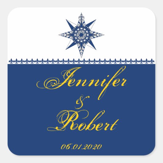 Nautical Compass Roos Navy Yellow Envelope Seal Vierkante Sticker (Voorkant)
