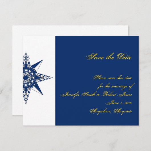 Nautical Compass Roos Navy Yellow Save the Date (Voorkant / Achterkant)