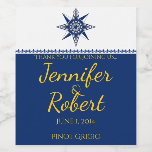 Nautical Compass Roos Navy Yellow Wine Label Wijn Etiket (Enkel label)