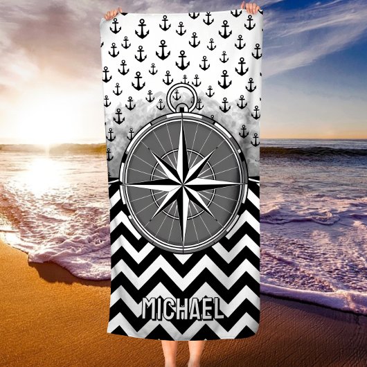 Nautical Compass Rose Anchors Black White Chevron Strandlaken