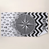 Nautical Compass Rose Anchors Black White Chevron Strandlaken (Voorkant)