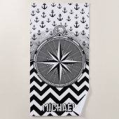 Nautical Compass Rose Anchors Black White Chevron Strandlaken (Voorkant)