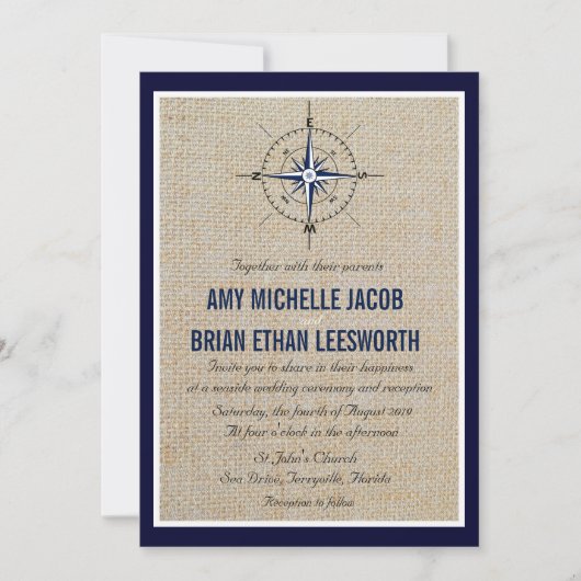 Nautical Compass/Yacht Club Navy Beach Wedding Kaart (Voorkant)