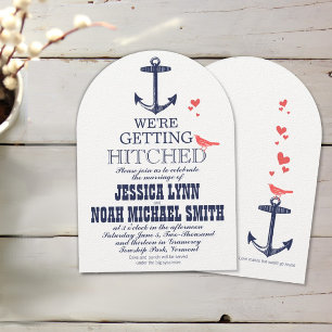 Nautical Coral and Navy Anchor Love Bird Wedding Kaart