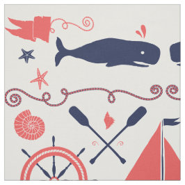 Nautical Coral Oranje Navy Whales Ropes en Banner Stof