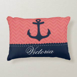 Nautical Coral Pink Navy Blue Anchor Aangepaste na Accent Kussen