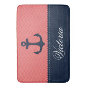 Nautical Coral Pink Navy Blue Anchor Aangepaste na Badmat (Voorkant Verticaal)