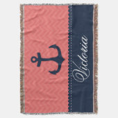 Nautical Coral Pink Navy Blue Anchor Aangepaste na Deken (Voorkant Verticaal)