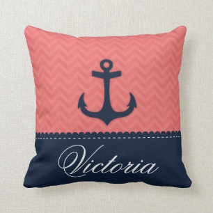 Nautical Coral Pink Navy Blue Anchor Aangepaste na Kussen