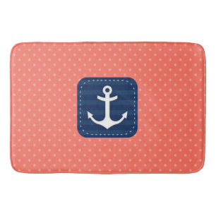 Nautical Coral Polka Dot Pattern Blue Anchor Badmat