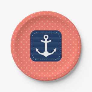Nautical Coral Polka Dot Pattern Blue Anchor Papieren Bordje