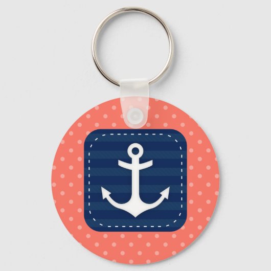 Nautical Coral Polka Dot Pattern Blue Anchor Sleutelhanger (Voorkant)