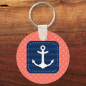 Nautical Coral Polka Dot Pattern Blue Anchor Sleutelhanger (Voorkant)