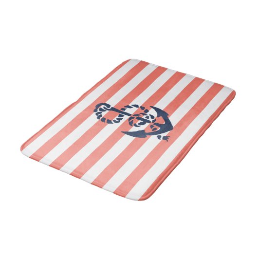 Nautical Coral Stripe & Navy Anchor Badmat (Gekanteld)