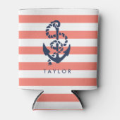 Nautical Coral Stripe & Navy Anchor Specialized Blikjeskoeler (Voorkant)